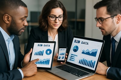 Business professionals analyzing B2B data on digital devices Business professionals analyzing B2B data on digital devices