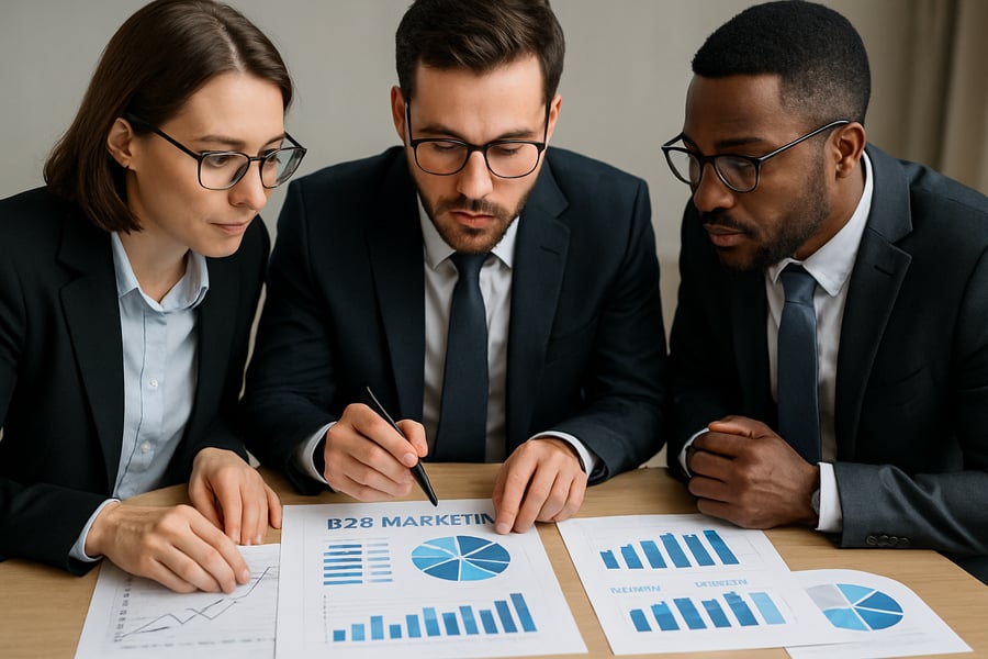 Business professionals analyzing B2B marketing data charts Business professionals analyzing B2B marketing data charts